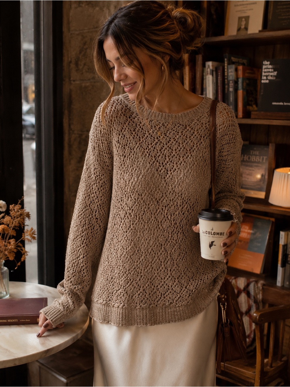 Olive Green Open-Knit Crewneck Sweater